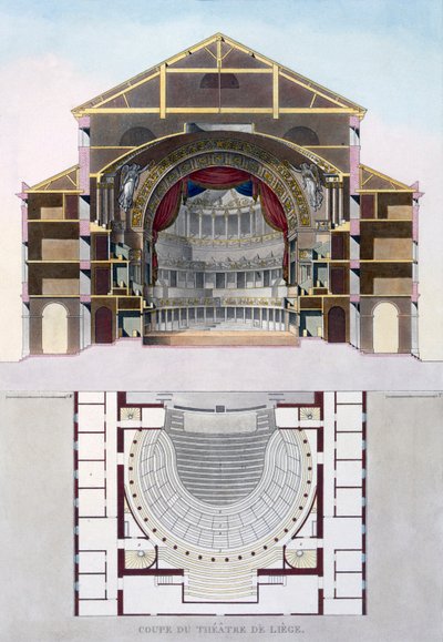 Secção transversal do Teatro de Liège, na Bélgica, da "Escolha dos Monumentos, dos Edifícios e Casas mais Excelentes do Reino dos Países Baixos", publicada em 1827 de Pierre Jacques Goetghebuer